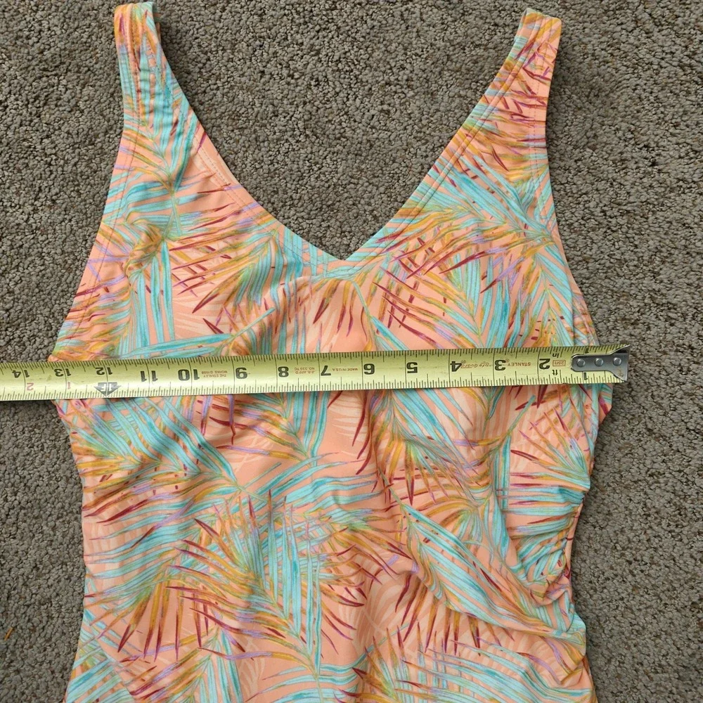 Speedo Womens One Piece Swimsuit 12 Peach Tropical Palm Leaf Ruched V-Neck NWOT